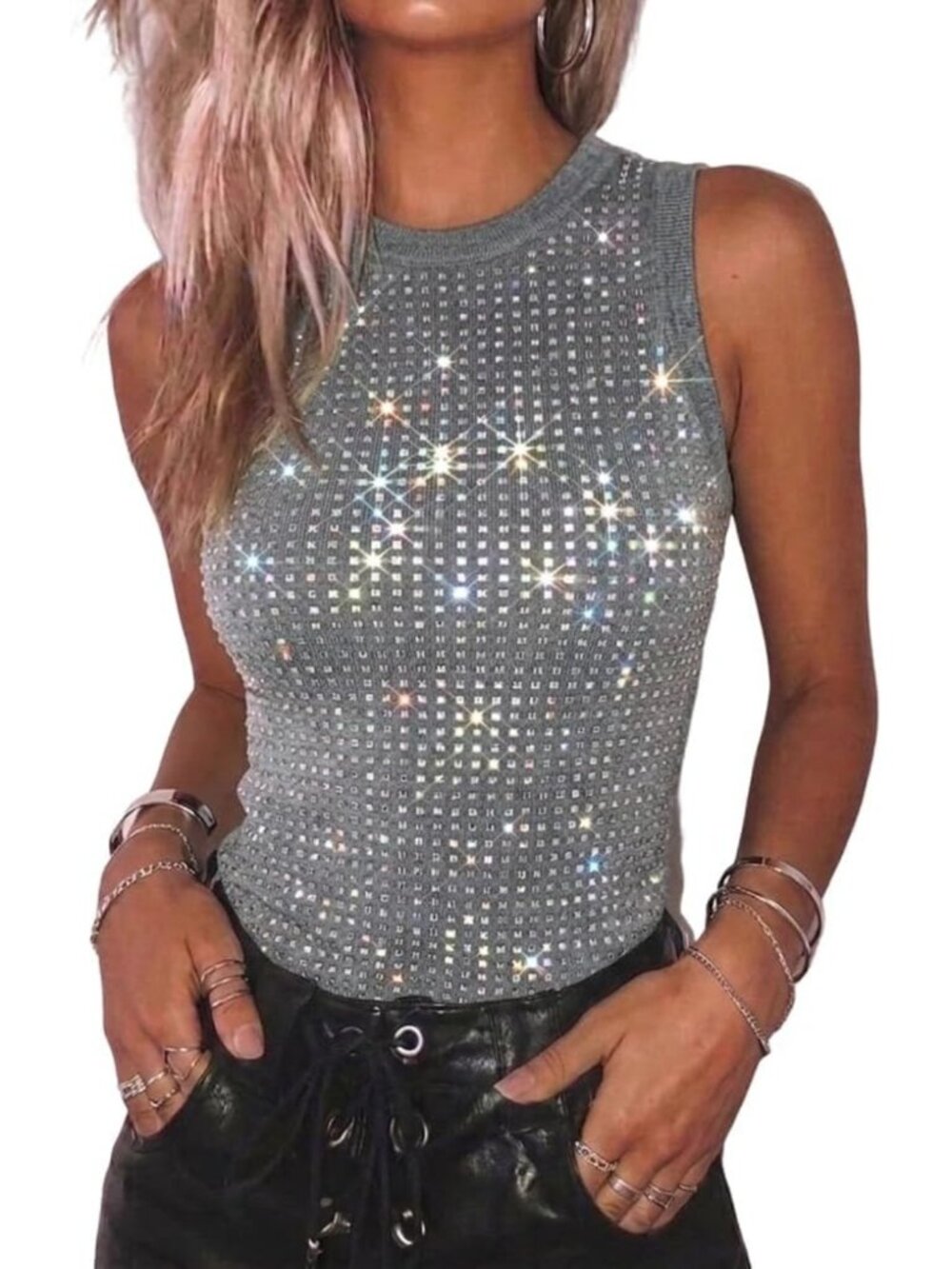 Sparkly Rhinestone Sleeveless Tank Top - Summer Ribbed Style for Chic Looks